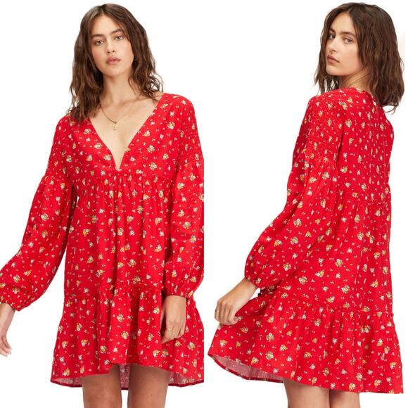 Billabong X Wrangler Falling For You Red Floral Mini Babydoll Dress Women’s XS - Picture 1 of 8